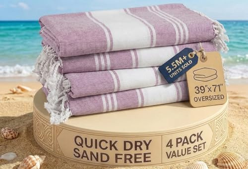 LANE LINEN Beach Towels 4 Pack Oversized - Cotton Rich Turkish Towel Set, Pre-Washed Oversized Beach Towel, Quick Dry Beach Towels For Travel, Beach Towel Large, 39x71 - Regal Orchid