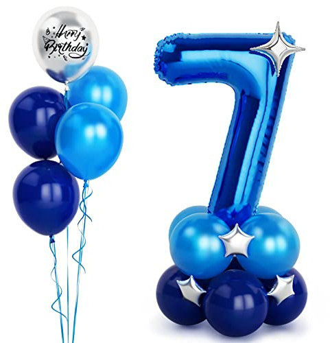 40 Inch Blue Number 7 Balloons with Happy Birthday Metallic Balloons and Star,Self Inflating Helium Foil Balloons for Boys Mens Birthday Party Decorations Anniversary