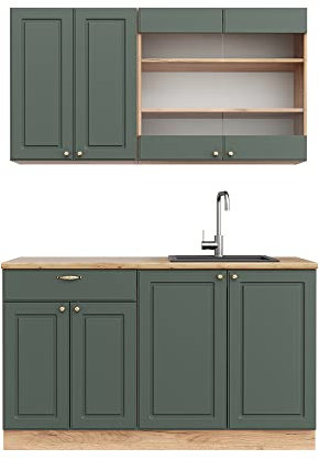 Vicco Singleküche Fame-Line, Grün-Gold Landhaus/Goldkraft Eiche, 140 cm, AP Eiche