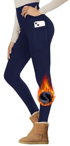 Gayhay Thermo Leggings Damen Winter Mit Taschen, Gefütterte Thermohose High Waist Hose Warm Blickdicht Strumpfhose Für Sport Marineblau L/XL