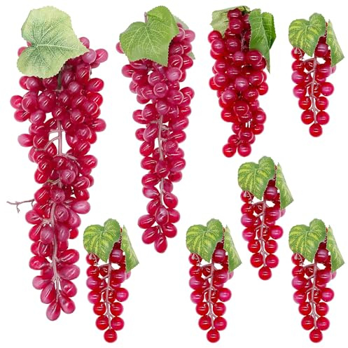 Attuslla 8 Bouquet Grappe de Raisin en Plastique, Rouge Raisins Grappes DéCorative, Faux Raisin Raisins Artificiels pour Décoratif Accessoires de Photographie Décoration de Fête