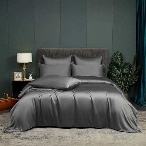 DXHOME Set di biancheria da letto in bambù 135 x 200 cm, 4 pezzi, grigio scuro, in fibra di bambù liscia, lusso, biancheria da letto estiva traspirante, copripiumino fresco e rinfrescante con chiusura