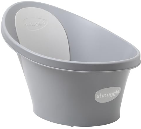 Shnuggle Bañera para bebé recién nacido, refuerzo integrado y respaldo suave, apto para recién nacidos, soporte de asiento de baño incluye tapón, guijarros con respaldo gris