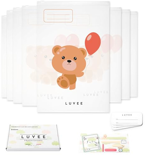 LUVEE 8 Bustine Corredino Neonato Ospedale UNISEX con Etichette Adesive - 100% Made in Italy - Sacchetti Cambio Neonato Ospedale Riutilizzabili per Asilo e Viaggi (Teddy)