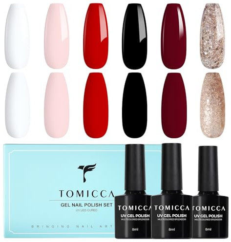 TOMICCA Smalto Semipermanente Set, 6 Colori Rosso Nero Bianco Glitter Series, 8ML Gel Unghie UV/LED Kit, Per La Casa Nail Salone Fai Da