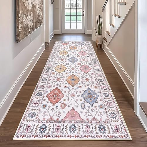 MAST DOO Teppich Läufer Flur 80x300cm küchenläufer Waschbar Teppichläufer, Boho Kurzflor Teppich Beige, Orientalischer Vintage Teppich Läufer für Küche, Korridor, Schlafzimmer, Wohnzimmer