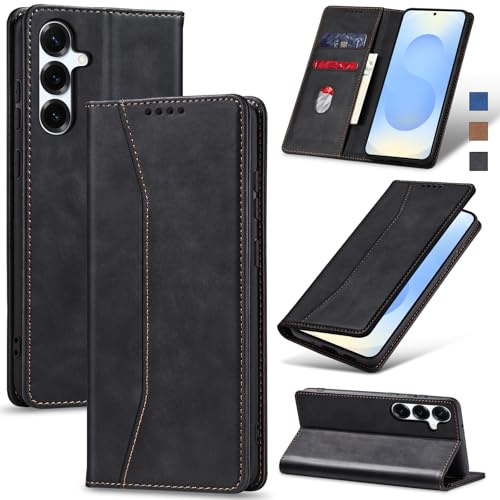 Jasonyu Skal för Samsung Galaxy S25, Wallet PU Läder Fodral, Svart | Flippfodral, Magnetisk,Vikbart Skyddande,Stativfunktion,Kortfack, Stötsäker TPU