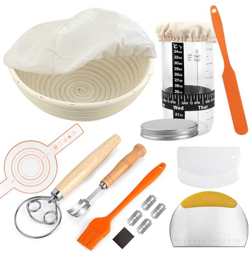 Sour Dough Starter Kit, Treerit 9 Inch Banneton Bread Proofing Basket with Glass Sourdough Starter Jar Kit, Sourdough Bread Baking Supplies, Bread Making Tools for Modern Home and Kitchen