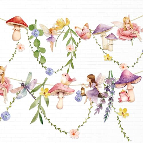 Easy Joy Guirnalda de Flores, Decoración de Hadas, Flores de Papel, Guirnalda Colorida de Hada con Elfo y Seta, Decoración Estética para Habitación, Flores de Papel para Colgar en Fiesta de Jardín