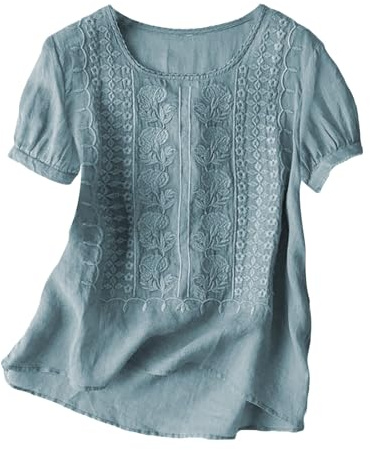 Women's Cotton Linen Tops Floral Embroidered Cotton Linen Blouses Plus Size Summer Crew Neck Short Sleeve T-Shirt Basic Solid Color Shirts Lightweight Loose Flowy Tunic Tops(A04-Sky Blue,M)