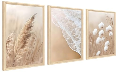 3Pcs Marco de Madera Cuadro Moderno Playa Boho Beige Cuadro Decoracion Salon Pampas Grass Reed Diente de león Pintura Imagen Cuadros Decorativos Salon Dormitorio Baño 30cmx40cmx3 (Sin Plexiglás)