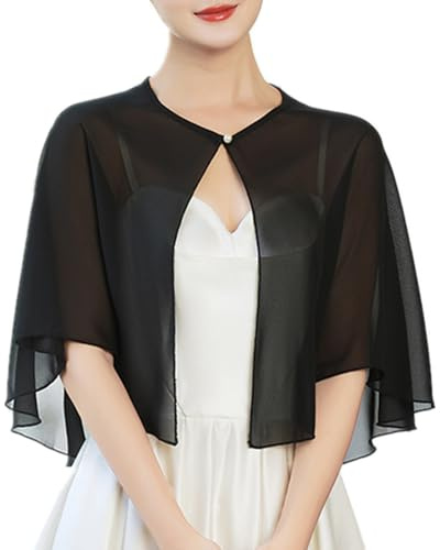RuiChy Capa Chal de Gasa para Mujer, Elegante Hebilla de Perla Bolero Capelet Vestido de Noche Chales Estola Transparente Cárdigan Boda Novia Hombros Poncho de Protección Solar Abrigo Corto (Negro)