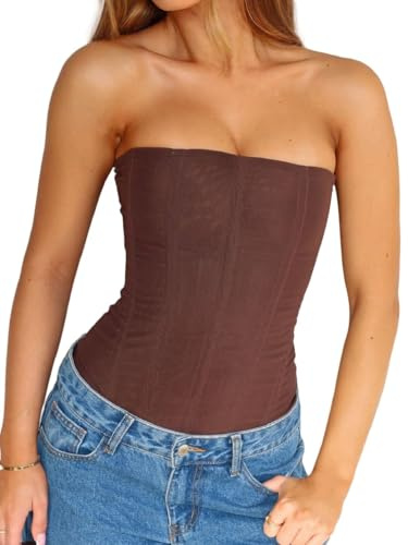 FeMereina Women Y2k Strapless Bustier Corset Back Zip Mesh Boned Bodyshaper Tube Top Sexy Going Out Bustier Tops (Dark Brown, S)