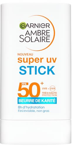 GARNIER - Ambre Solaire - Super UV Stick SPF 50+ Visage & Zones Sensibles - Protection Solaire Invisible & Non Teintée - Hydrate et Protège la Peau des UV - Fini Non Gras - Tous Types de Peaux