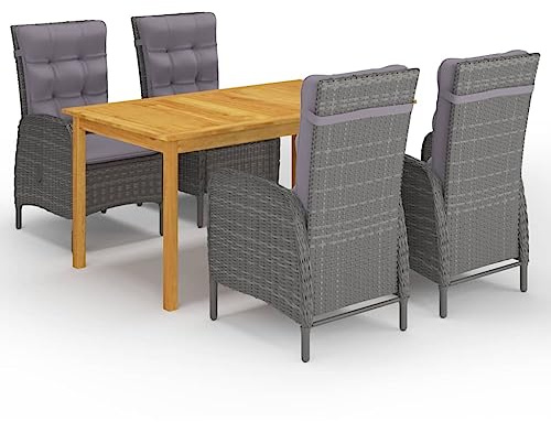 QJBSAVVA Gruppo da giardino in legno di acacia, 150 x 90 cm, grigio, con sedie in rattan resistente alle intemperie e cuscini rimovibili, design moderno, robusto e durevole, per balcone, terrazza