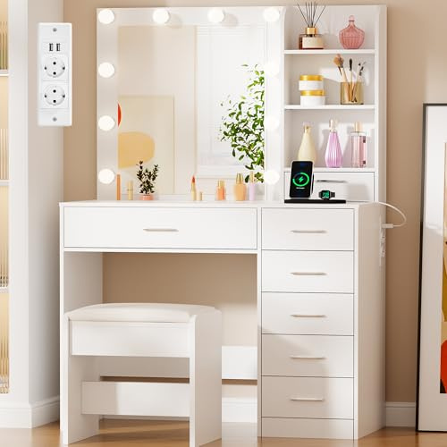 BEWISHOME Coiffeuse avec HD Miroir,10 Globes LED et Tabouret, Blanc | Coiffeuse avec Prise,Luminosité Réglable,Moderne Table de Maquillage avec 7 Tiroirs et 3 Étagères Ouvertes,Moderne
