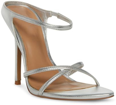 Mules de Tacón Alto con Tiras para Mujer Sandalias de Tacón de Aguja con Punta Abierta Zapatos de Vestir de Verano Sin Talón Zapatos de Salón Formales Para la Noche,Plata,34 EU