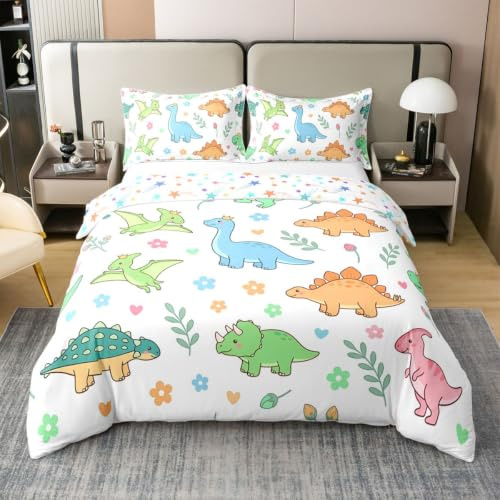 Loussiesd Dinosaurie-påslakan 100 % bomull enkelstorlek tecknad dinosaurie påslakan för pojkar flickor djungel dino bäddset 2 st vilda djur rumsdekor andas mjuk lätt mikrofiber