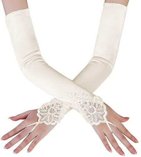 BABEYOND Long Satin Elbow Gloves - Bridal & Fancy Dress Gloves for Women (Ivory, 52cm)