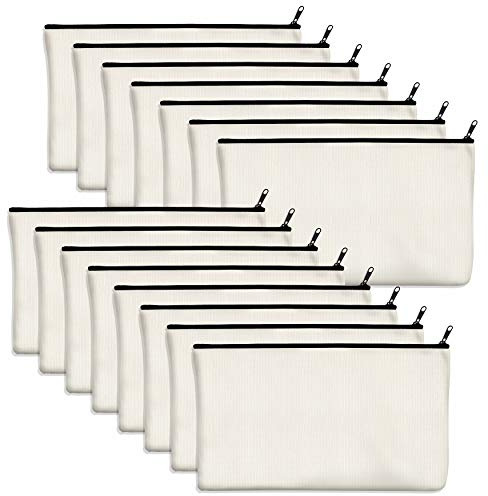 Vantasii 15 Stück Taschen aus Baumwoll-Leinwand mit Reißverschluss,als Beutel oder Federmäppchen,für DIY-Heimarbeit, Make-up-/ Kosmetik-/Toilettenartikel (Beige, Schwarzer Reißverschluss)