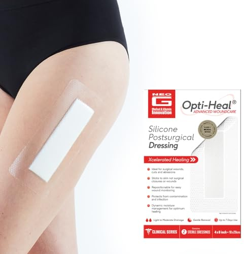 Neo G Opti-Heal Silicone Surgical Dressing – Sterile Adhesive Bandages for Surgical Wounds, Cuts, Abrasions - Absorbent Barrier Island Dressing 4x8 - Waterproof Bandages Post Surgical- 2 Pack