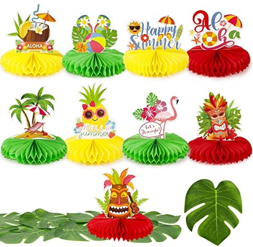 19pcs Adornos Hawaianos Fiesta Mesa y Hojas Artificiales de Monstera Decoración Hawaiana para Fiesta Tropical Mesa