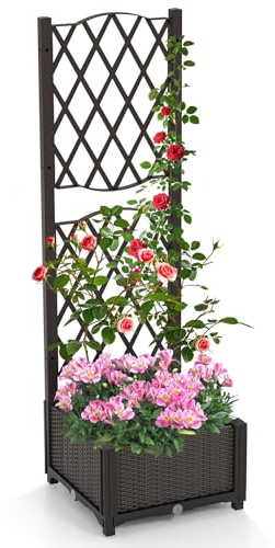 Giantex Raised Garden Bed with Trellis, Garden Planter for Vine Climbing Plant Vegetable Herb Flower, Outdoor Standing Garden Bed with Drainage Hole for Yard Balcony Entryway 16x16x 48
