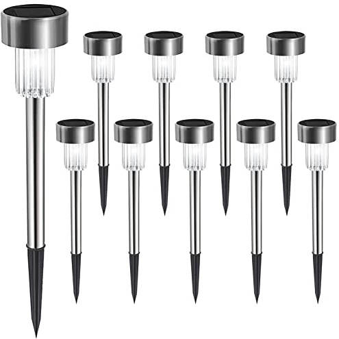 Melofo Outdoor Solar Stake Lights 10 Pack LED Waterproof Stainless Steel Garden Lights Solar Powered Stakes Garden Outdoor Light Post Path Light for Holiday Pathway Patio Yard Christmas Gifts