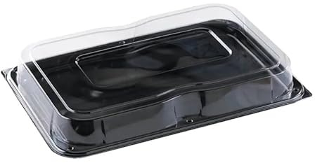 Sunrise Packaging 5 x Large Reusable Black Sandwich Platters with Clear Lids Rectangular Catering Buffet Party Serving Trays Recyclable Cakes Sandwich Display (Large Size 450mm x 310mm x 75mm)
