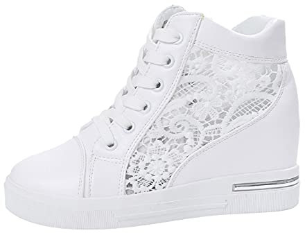 YANFJHV Plateau Sneaker Damen Weiß, Hochzeit Schuhe Plateauschuhe mit Keilabsatz Freizeitschuhe Flache Schuhe Spitze Aushöhlen Turnschuhe Damenschuhe Elegant Atmungsaktiv Hochzeitsschuhe