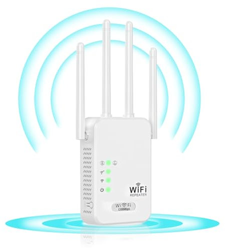 Repetidor WiFi 1200Mbps Amplificador Doble Banda 5GHz y 2.4GHz, Extensor de Cobertura hasta 200m², Compatible con Todos los Routers (PS5/Xbox/PC/TV)