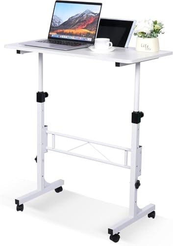 Standing Desk Adjustable Height, Mobile Stand Up Desk with Wheels Small Computer Desks, Home Office Desk, Rolling Desks, Portable Laptop Desk White Standing Table 80 x40 cm Height 70-110 cm