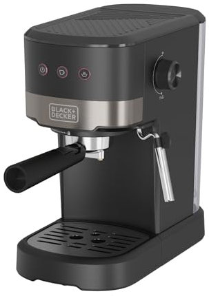 Black+Decker - Cafetera Espresso Compacta BXCO1100E | 1100W | 20 Bares de Presión | 3 Funciones | Vaporizador Integrado | Depósito Extraible 1.4L | Para Café Molido y Monodosis | Diseño Moderno