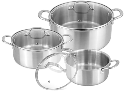 Stainless Steel Casserole Dish with Lid – Induction Hob Cooking Pots Set – Non Stick Dutch Oven – 20cm 2.7L, 24cm 4.3L & 28cm 7.2L (3 Pots + 3 Glass Lids) – by Nuovva