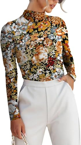 Dressmine Women's Sheer Mesh Top Floral Mock Turtle Neck Sexy Long Sleeve Double Layer Ruched Going Out Tops, Black Floral, M