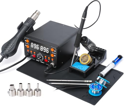 EZTOOLS 902D IV T12 Hot Air Soldering Station 2-IN-1 Kit with Extra Large Display, Small Silicone Work Mat, 2 Soldering Tips, 2 Lead-free Solder, Solder Sucker, ESD-Safe Tweezers