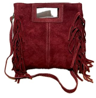 MINNI MOON, Bolso de Hombro con flecos para Mujer, Bandolera con Flecos27x25x7 cm, Bolso con flecos Piel Serraje, Cierre de Cremallera (Burdeos)