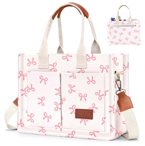 Canvas Tote Bag for Women with Pockets Crossbody Bag Tote Shoulder Handbags Casual Work Bags Everything Tote Bag (Pink/Bow Tie)