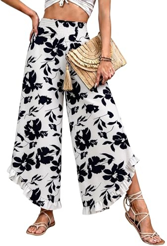 IEEILULU Pantaloni a Gamba Larga per Donna Pantaloni Palazzo Casual Estivi Stile Boho Spiaggia, a Vita Alta e Taglio Fluido Bianco con Fiori Neri S