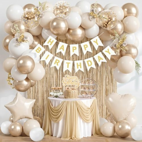 Gold Birthday Decorations, 48pcs Champagne Gold Party Decorations | Happy Birthday Banner Confetti Balloons Tinsel Curtain Star Heart Foil Balloons for Girls Women 18th 40th Birthday Decoration