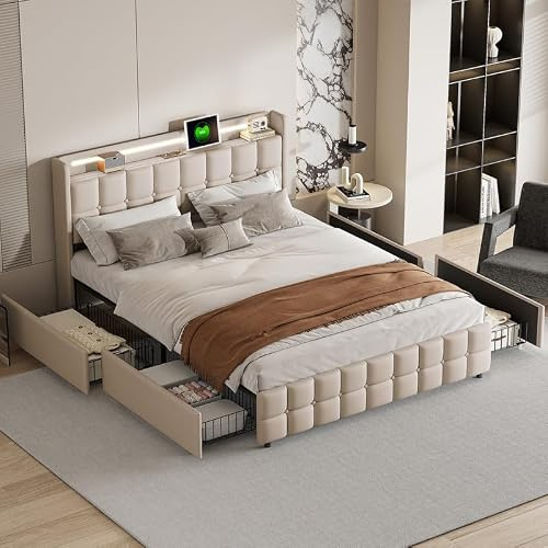 Säng med Lådor 160x200 med LED-belysning och USB-uttag, Dubbelsäng 160x200 med 4 Lådor och Öppna Hyllfack, Sänggavel med 2 USB-portar och 2 eluttag, Säng för 2 Personer med Ribbrosmadrass, Lin
