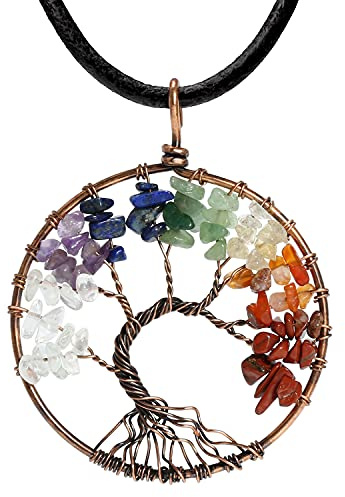 POTESSA 7 Chakra Tree of Life Necklace Wire Wrapped Quartz Crystal Pendant Leather Choker Necklace Tree Jewelry Gifts for Her