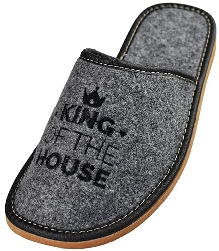 APREGGIO Pantoufles Homme Feutre – Chaussons Élégants et Confortables avec Broderie 'King of the House' – Gris Noir – Taille 46