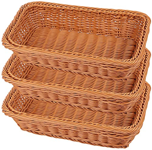 KEILEOHO 3 Packs Poly Wicker Bread Baskets of 12 Inch, Handmade Woven Pantry Organizer, Tabletop Food Serving Baskets for Fruits, Vegetables and Snacks, Restaurant, Hotel Serving, Brown