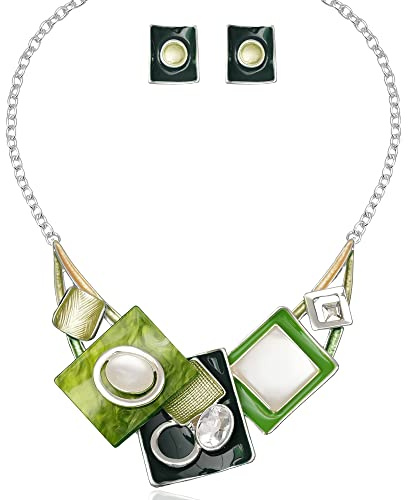 CSY Fashion Oval Crystal Opals Statement Bib Necklace Earrings Silver Plated Bohemian Costume Jewelry Set Gifts for Women (green)
