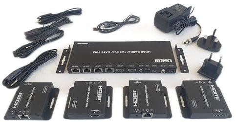 FOURKAY 1x4 1080p 70m HDMI Splitter over Cat5e/6/7 Extender with 4 PoC Receivers, HDMI Loop Out and Infra Red control of TV source from each remote display