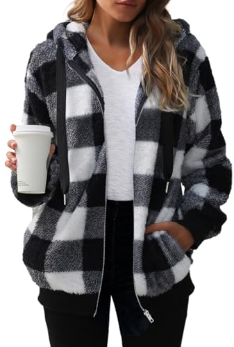 Nirovien Womens Full Zip Up Sherpa Jacket Tie Dye Fuzzy Fleece Jacket Teddy Coat for Women with Pockets(Black Plaid,M)