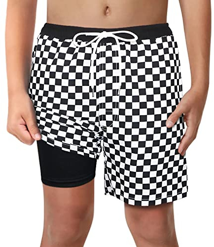 LUCOWEE Boys Swim Trunks with Boxer Brief Liner Compression 6 Swimming Shorts Stretchy UPF Quick Dry Swimsuit Size 6-20