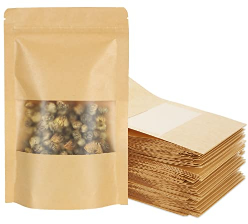 LOLYSIC Lot de 100 Sachets Kraft Alimentaires Zip, Emballage pour Noix, Grains de Café, Feuilles de Thé, Épices (12x20cm)