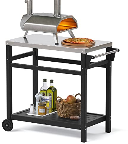 TORVA Carro de Barbacoa para hornos de Pizza y Parrillas, Carro de Exterior con Tablero de Acero Inoxidable, Carro de Cocina móvil con Ruedas, Carro de Servicio, Negro